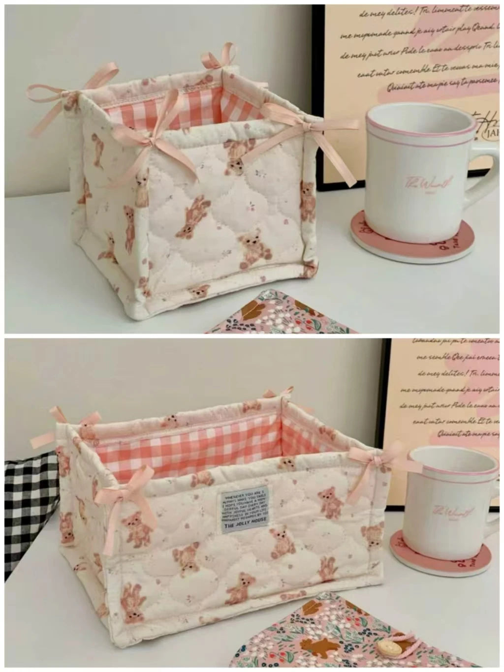panier rangement tissu vichy animal fleuri blanc rose violet doux texturé