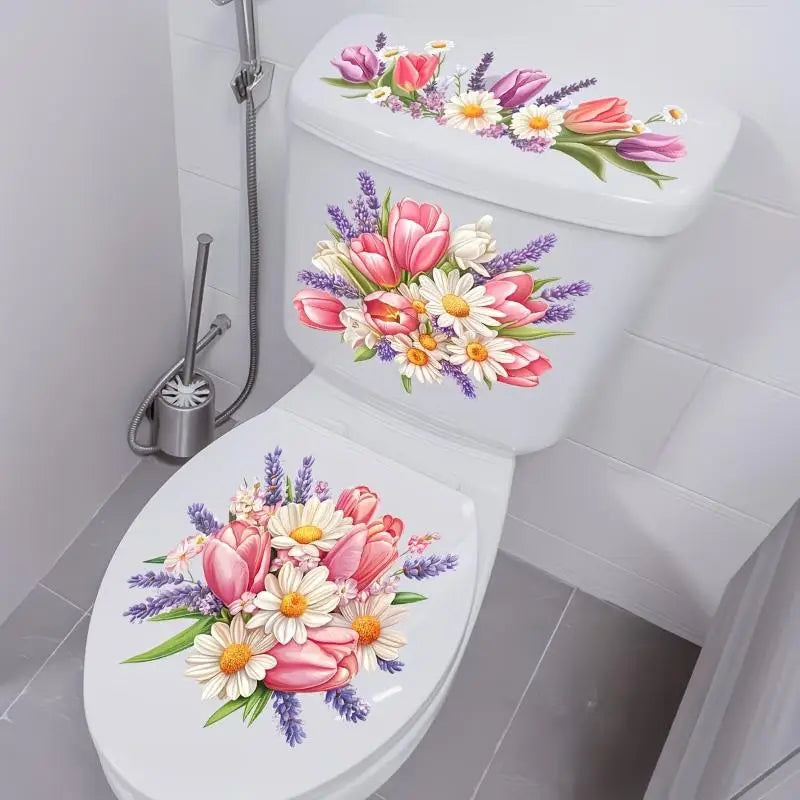 cache wc adhésif moderne fleurs colorées tulipes roses pivoines blanc amovible salle bain décoration