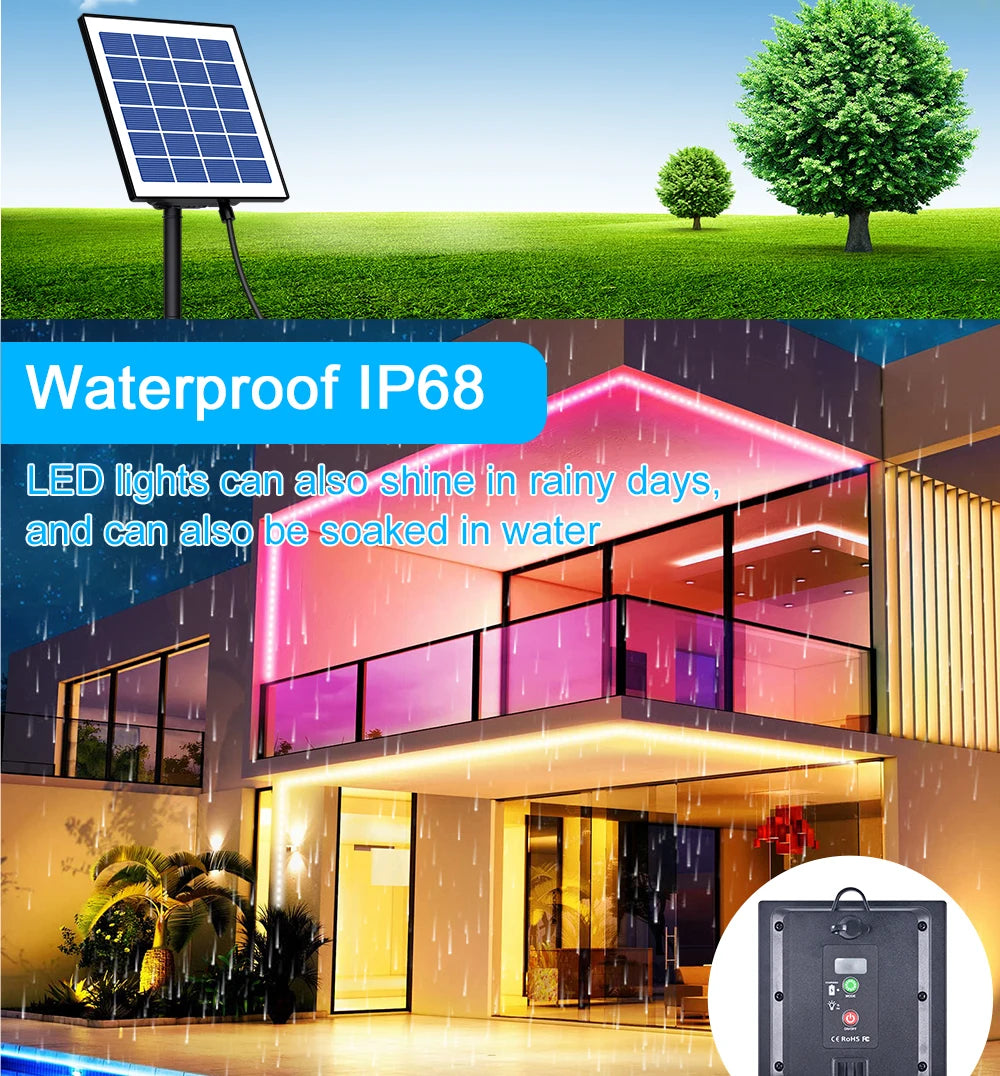 guirlande led solaire 10m rgb télécommande ip67 étanche extérieur piscine moderne