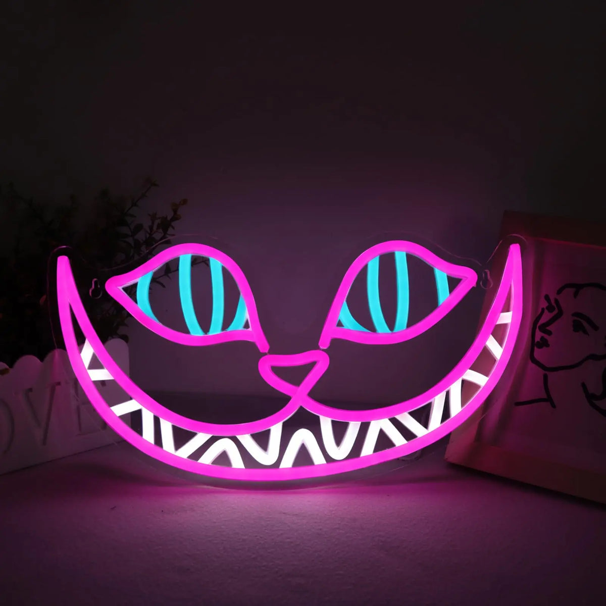 lampe néon led moderne chat souriant rose bleu clair décoration murale chambre nuit personnalisable