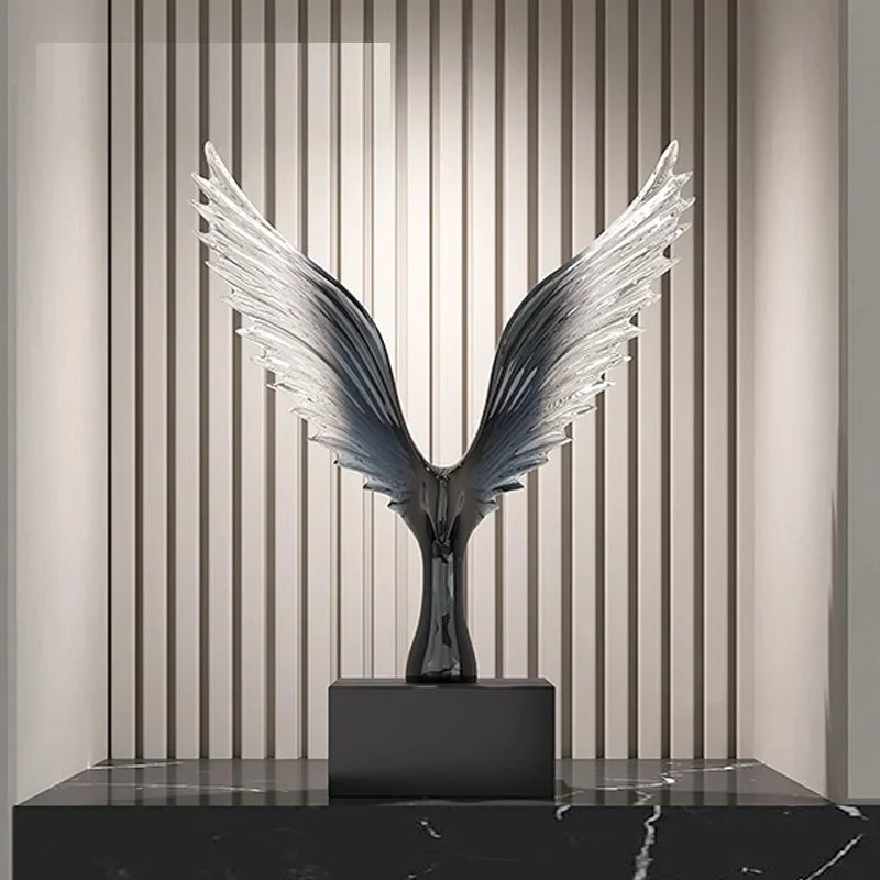 sculpture oiseau moderne minimaliste noir argenté plumes stylisées transparent salon
