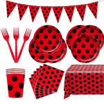 assiettes papier festives fourchettes couteaux serviettes nappe moderne points rouges noirs