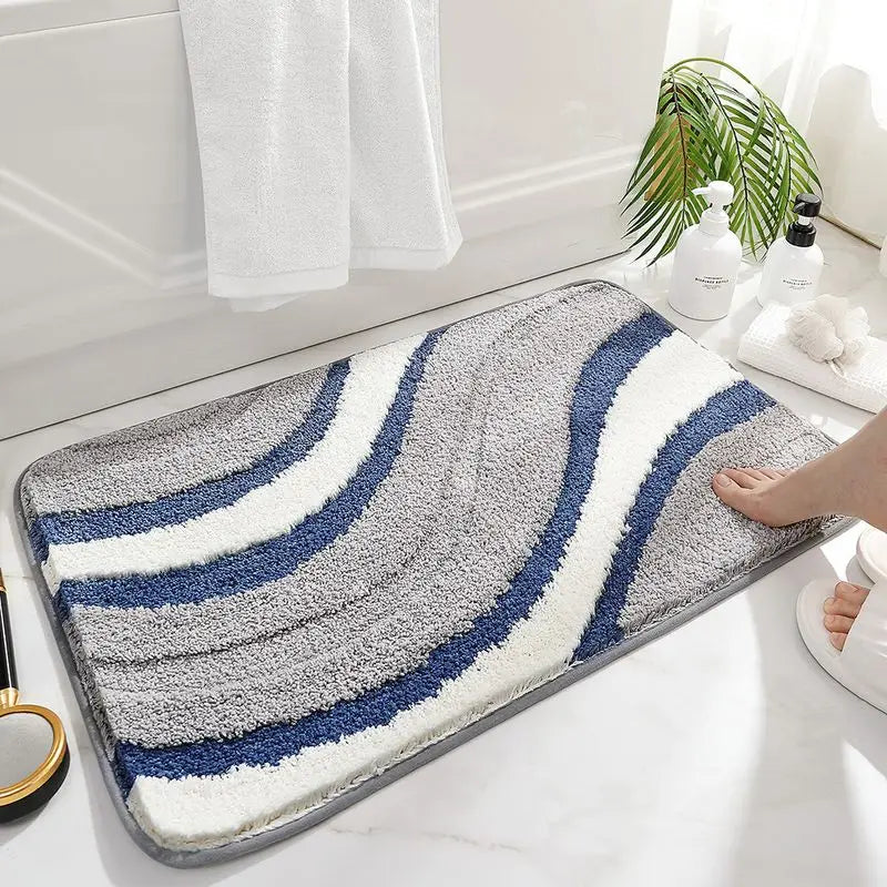 tapis bain polyester doux absorbant moderne vert gris beige bleu blanc ondulé geometrique