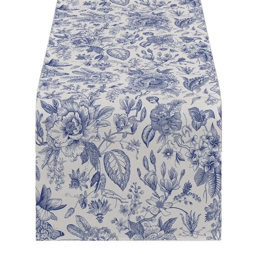 chinois table runner fleurs peinture aquarelle polyestere maison violet blanc bleu