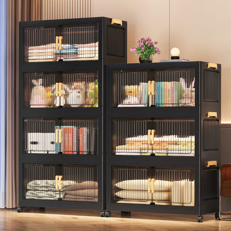 meuble rangement noir grille transparente moderne roulettes pliable grande capacité