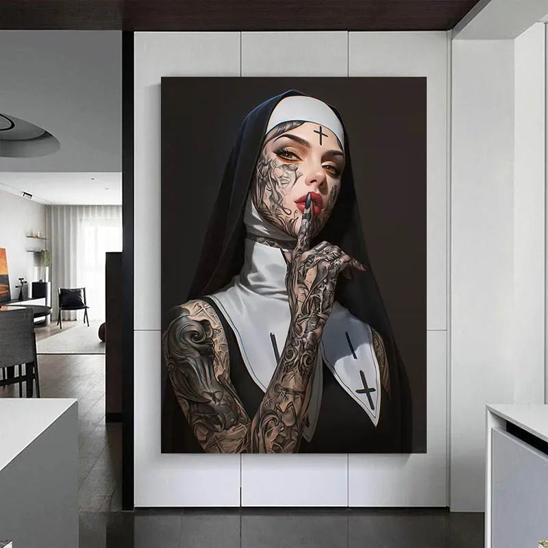 Toile d'art moderne nonne tatouée contemporaine sans cadre maison salon chambre