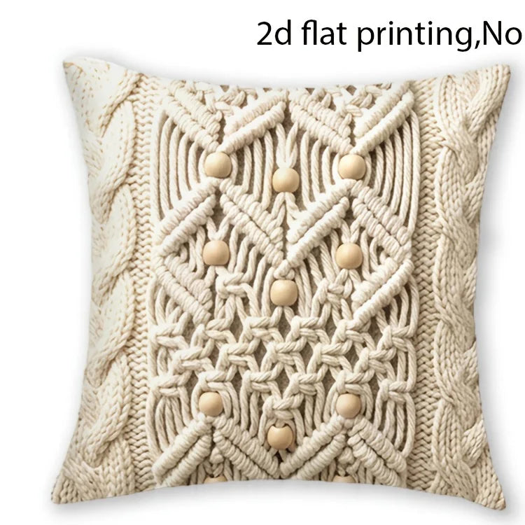 taies d'oreiller boho chic motifs macramé polyester peachskin beige pompons 40x40cm 45x45cm 50x50cm 60x60cm