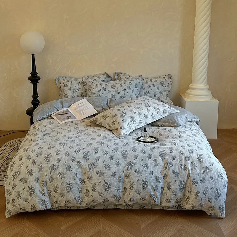 ensemble literie coton lin bleu gris motifs floraux drap plat taies oreillers vintage douillet