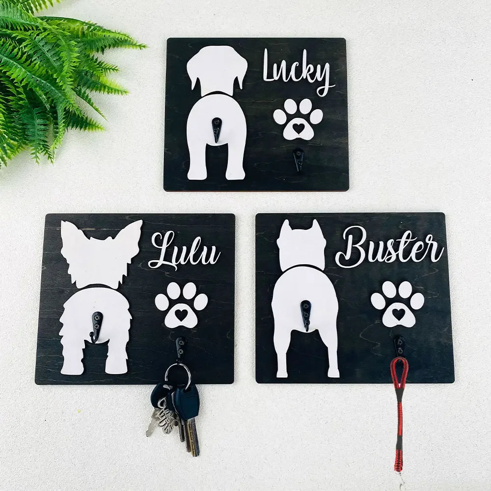 porte clés mural personnalisable silhouette chien empreinte bois texturé noir blanc décoration animaux crochets