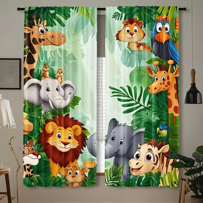 rideau imprimé animaux jungle vert beige gris enfant classique 75x166cm opacité polyester