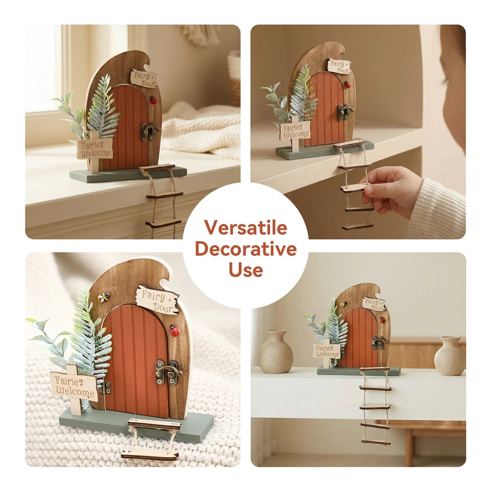 porte fée miniature bois décorative feuilles vertes ladybug adhésif escalier bienvenue jouets vintage