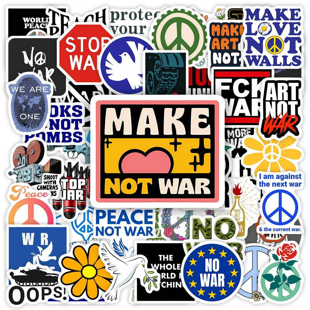 stickers multicolores graphiques paix amour stop war moderne adhésifs variés slogans symboles populaire