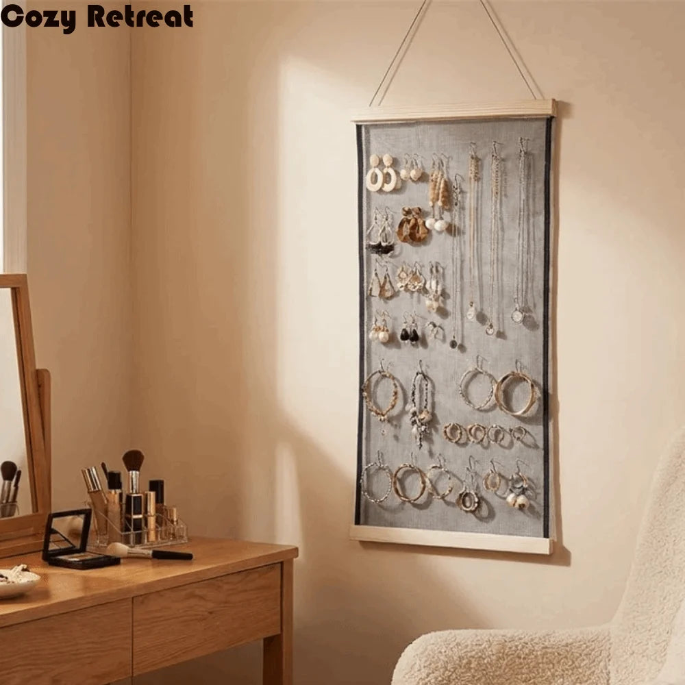 porte bijoux mural bois gris moderne boucles d'oreilles bracelets colliers toile murale corde fixée