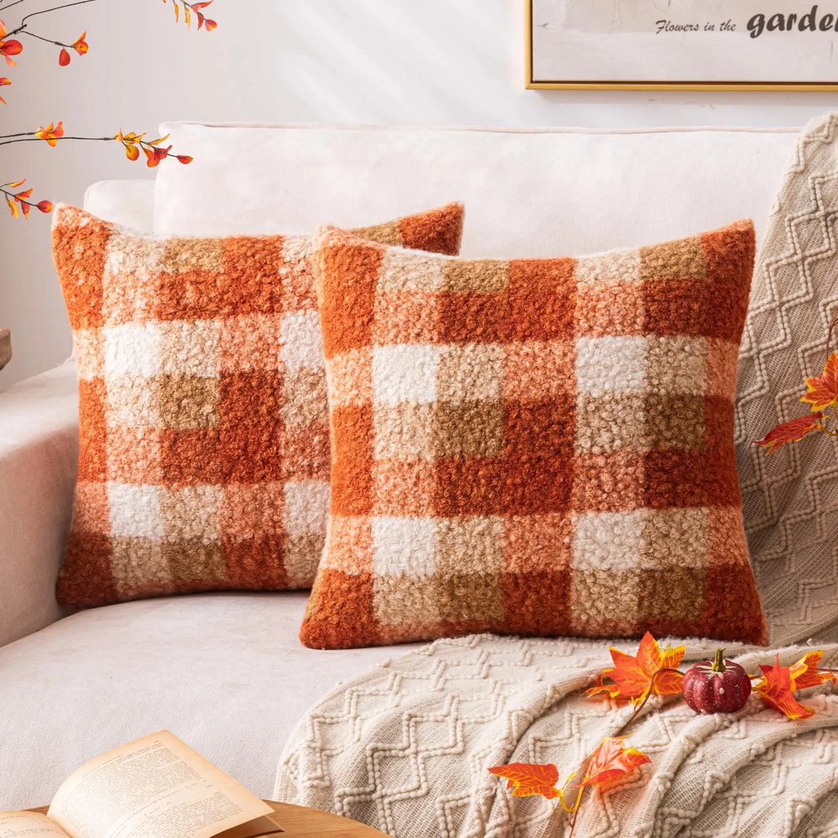 housses coussin orange beige carreaux rustiques plaids décoratifs polyester respectueux environnement farmhouse