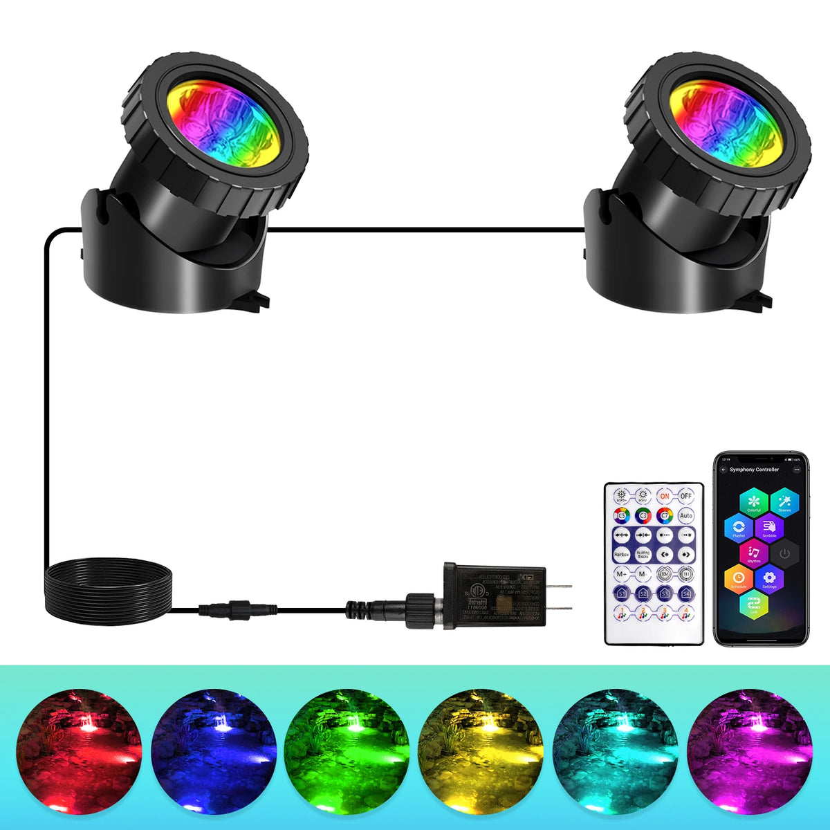 projecteur led ip68 étanche 10 led noir moderne commande distance prise électrique app mobile
