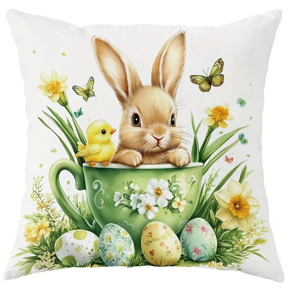 taies d'oreiller lapins pâques fleurs printemps coussin maison polyester blanc vert