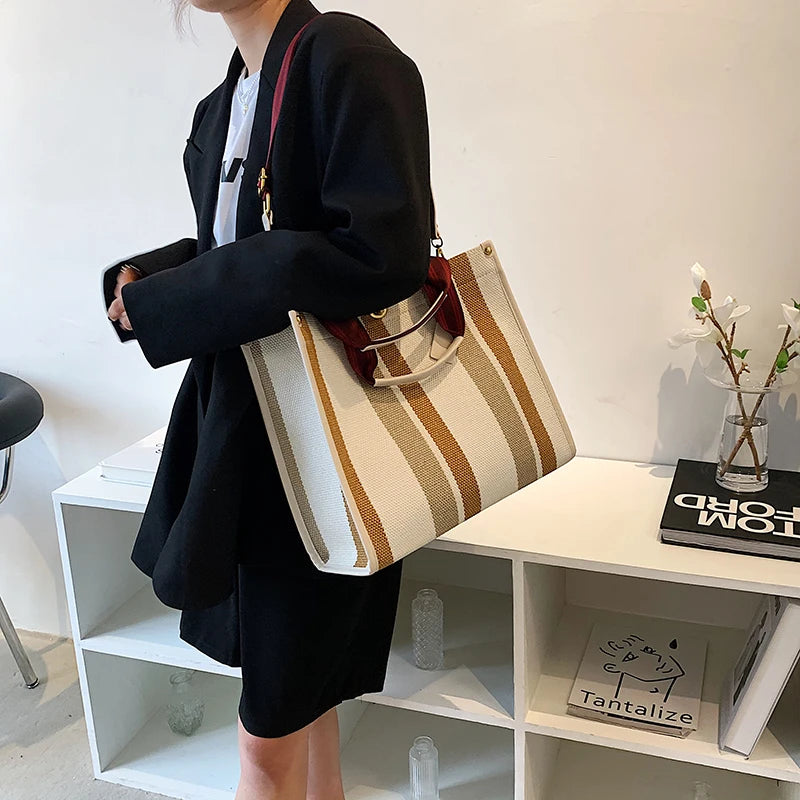 sac main femme toile polyvalent rayé poches intérieures appliques décontracté moderne casual