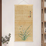 peinture suspendue chinois bambou fleurs insectes textes beige noir rouge vert