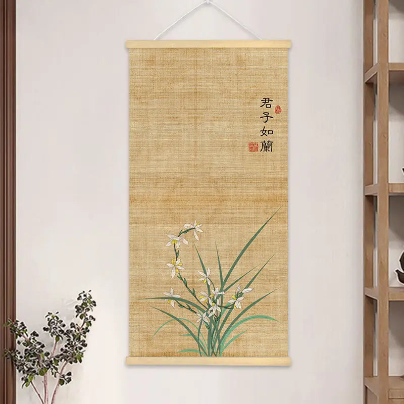 peinture suspendue chinois bambou fleurs insectes textes beige noir rouge vert