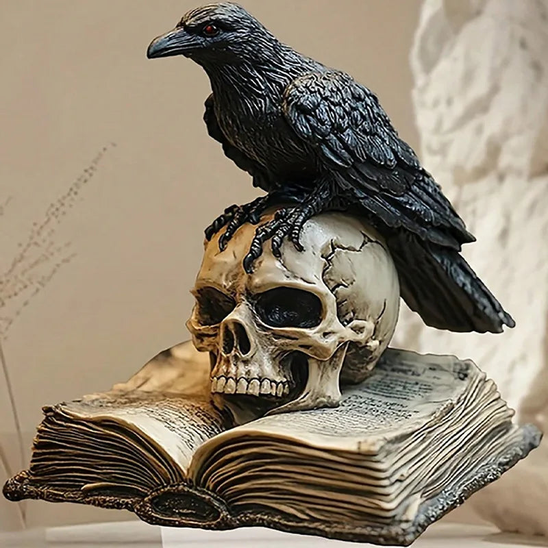 Sculpture corbeau crâne livre gothique décoration intérieure noire rouge vieux