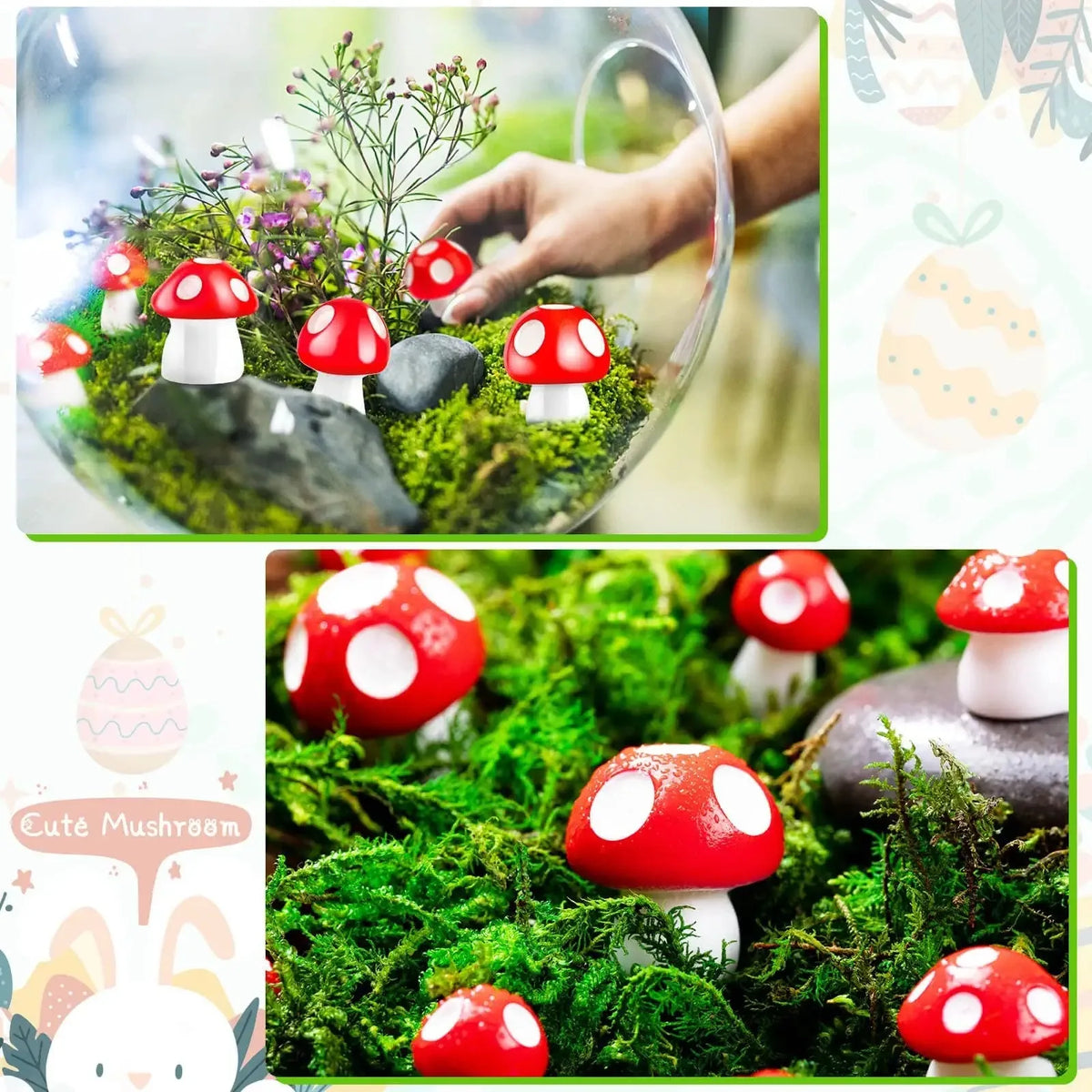 champignons décoratifs résine rouge blanc vert bleu orange rose violet points blancs chapeau fairy