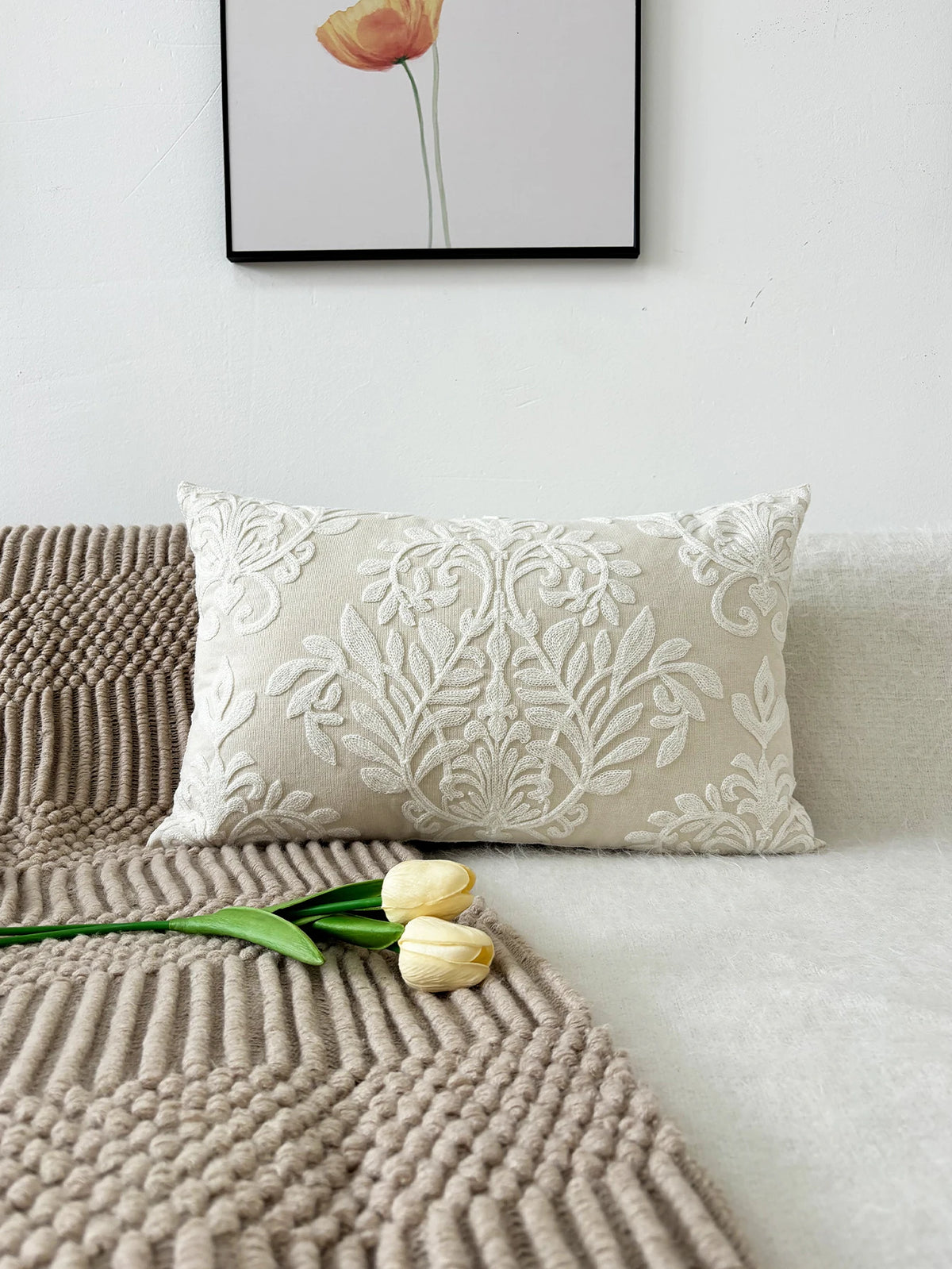 taie d'oreiller motif floral brodé polyester élégant décoration maison coussin beige fixations