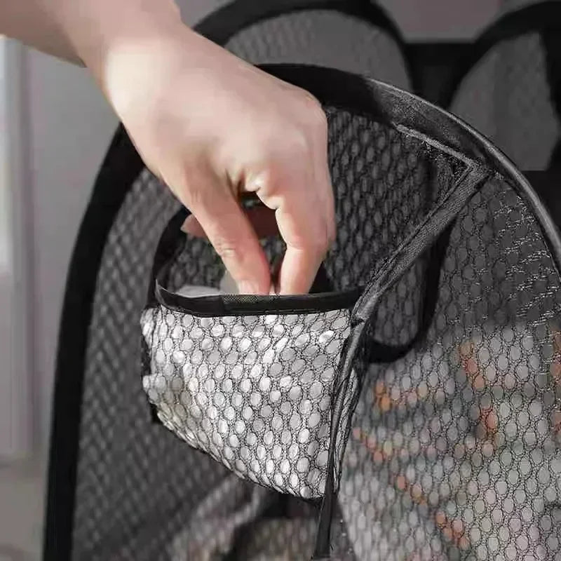 panier linge maille noir poignées fermeture glissière pliable salle bain rangement organizer