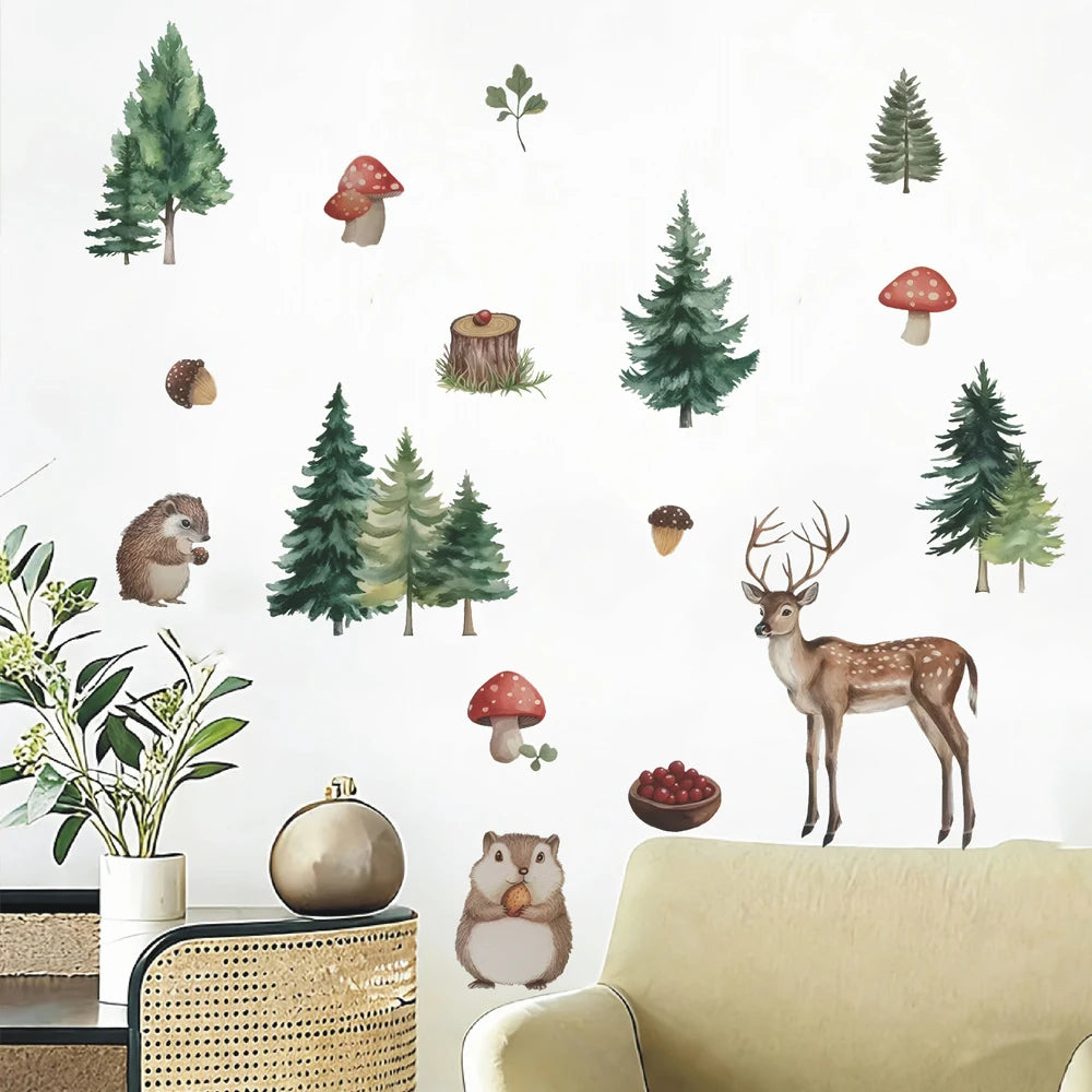 sticker mural forêt animaux aquarelle chambre enfants pins écureuils cerfs champignons vert marron rouge