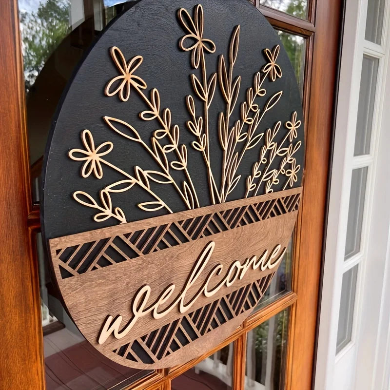 décoration murale bienvenue panneau rond bois fleurs feuilles motif zigzag rustique moderneextérieurporte farmhouse porche