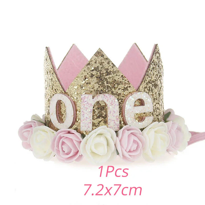 couronne enfant anniversaire ans paillettes or rose blanche fleurs artificielles bandeau élastique princesse festif