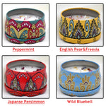 bougies parfumées boho chic motifs floraux violet blanc bleu rouge jaune pack pièces