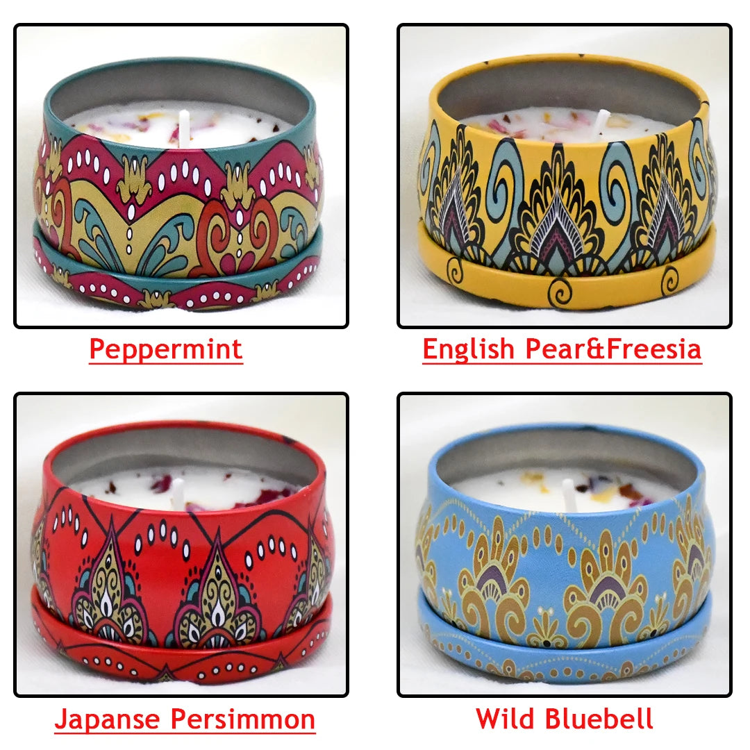 bougies parfumées boho chic motifs floraux violet blanc bleu rouge jaune pack pièces