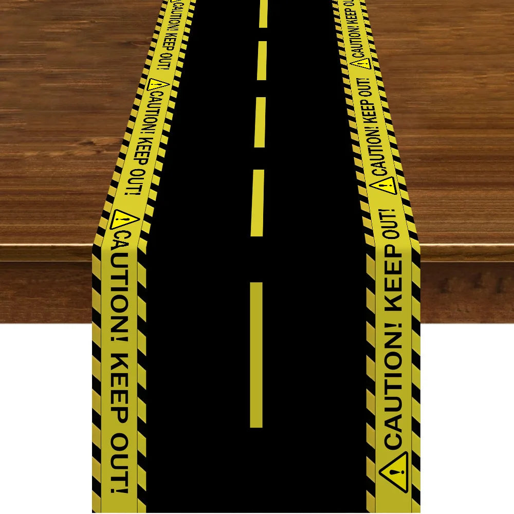 nappe fête enfant construction excavatrice happy birthday garçon anniversaire chantier engins construction cones signalisation