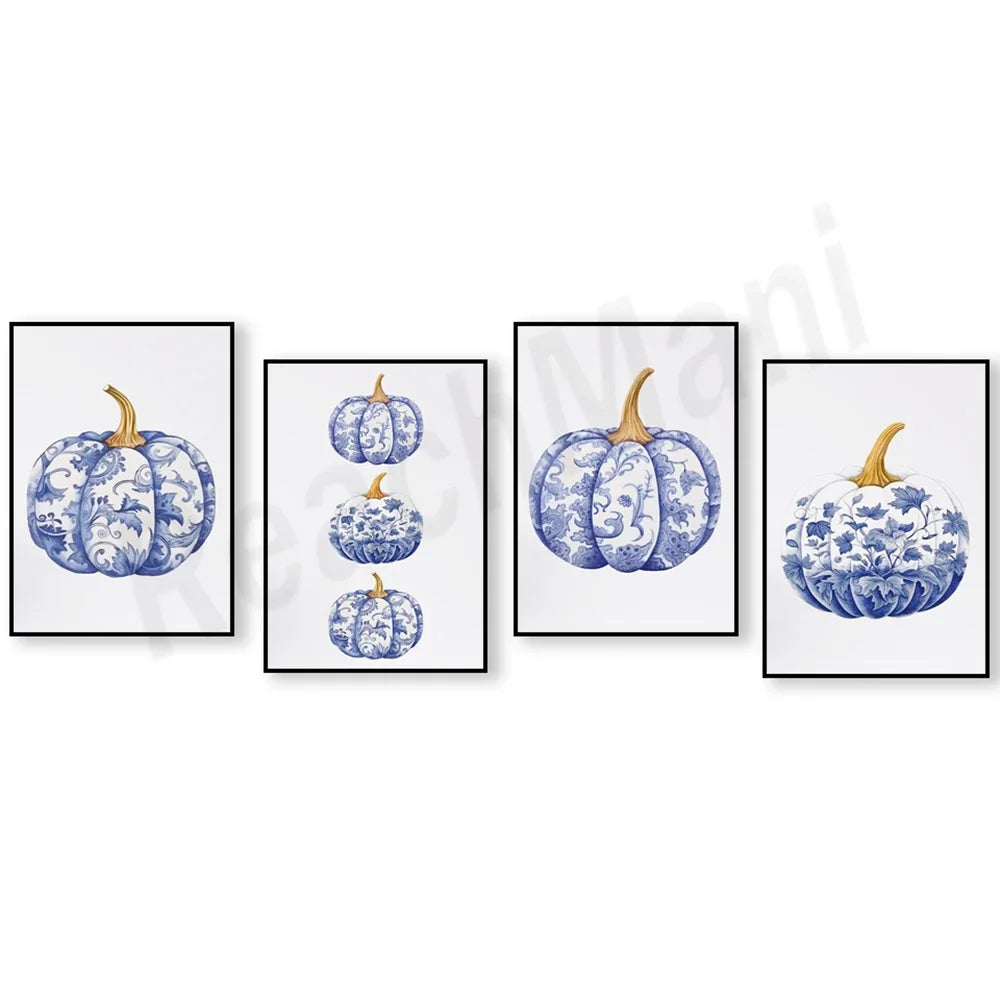Série d'illustrations artistiques de citrouilles décorées de motifs floraux bleus et or.