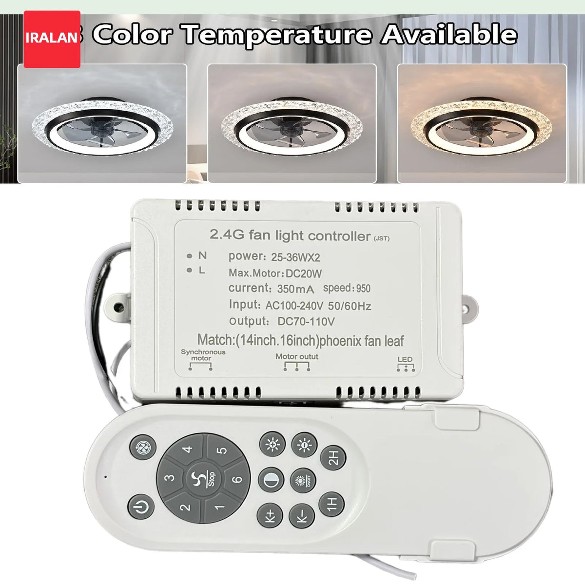 contrôleur lumière ventilateur blanc moderne télécommande variateur intensité six vitesses led application smartphone
