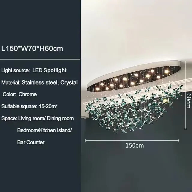 Suspension lumineuse moderne transparente fleurs papillon vert chambre salon restaurant