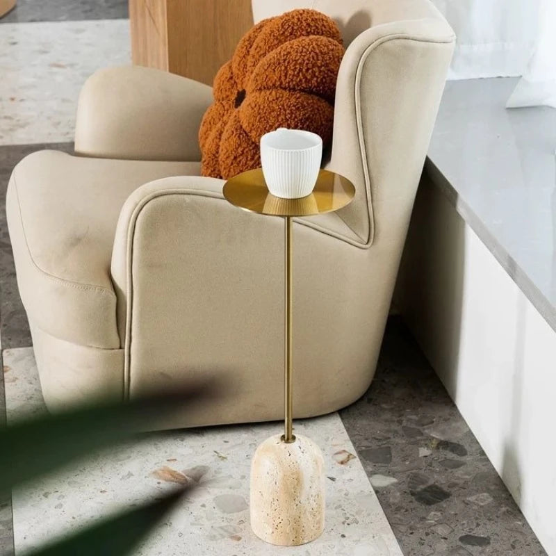 table basse moderne or texture travertin salon chambre coucher minimaliste rond métal inoxydable