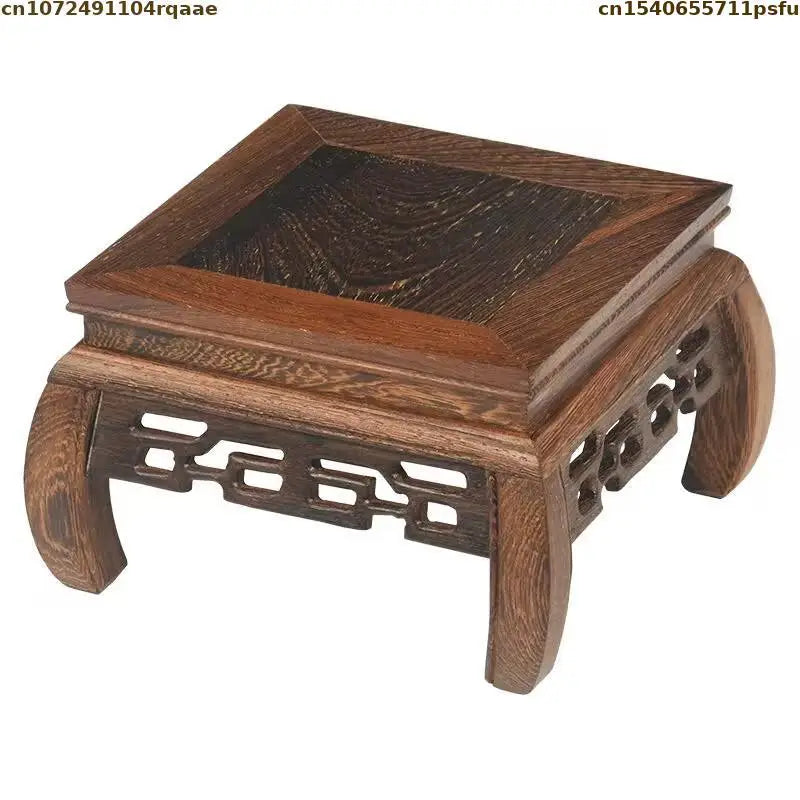 support bois sculpté marron artisanat traditionnel figurines pot fleurs vintage display stand tréfonds mosaïque