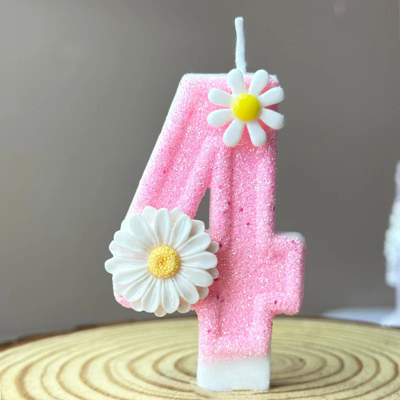 bougies anniversaire chiffres rose blanche marguerites paillette décoratives enfantines