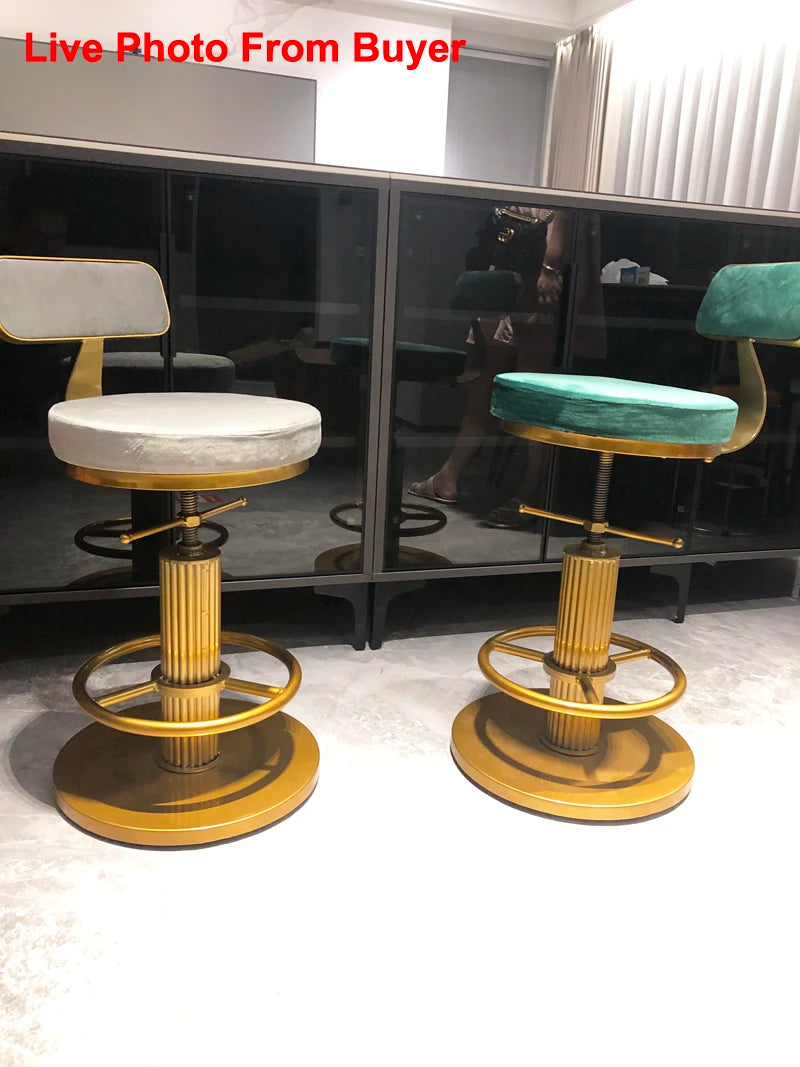 tabourets bar velours bleu marine gris rose contemporains assise dorée pieds métal adjustable