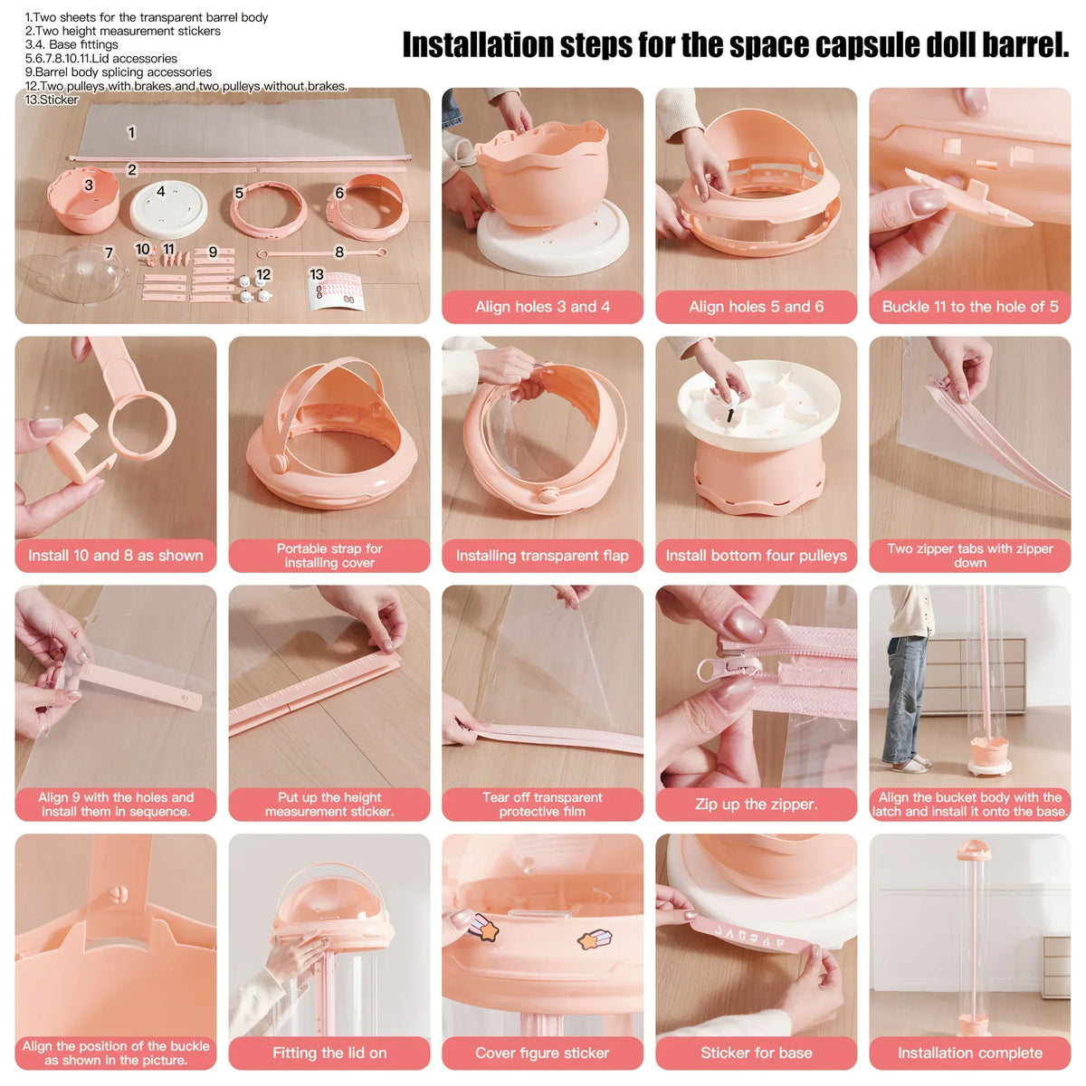 rangement jouets transparent capsule pliable moderne étoiles beige rose figurines poignée