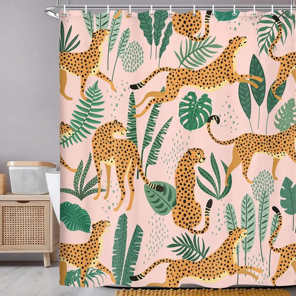 rideau douche polyester géométrique léopard feuilles tropicales moderne rose clair vert chambre enfant decoration