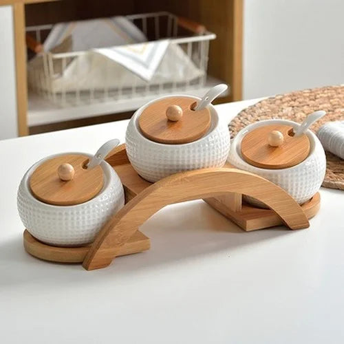 pot épices porcelaine blanc couvercle bambou moderne respectueux environnement cuillères plastique blanc herbes épicées(stockage)