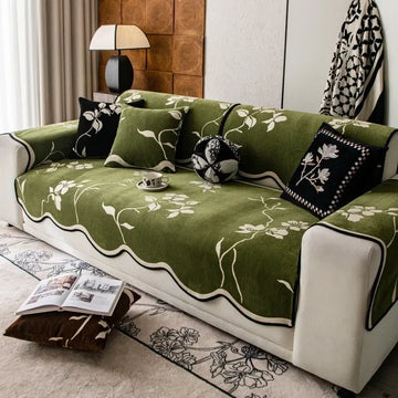 housse canapé chenille fleurs beige marron noir vert salon coussin décoratif moderne antidérapant universel