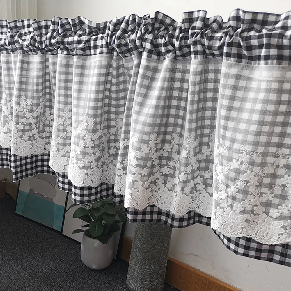 rideau valance gingham dentelle bleu blanc rose blanc noir blanc gris blanc rustique vintage