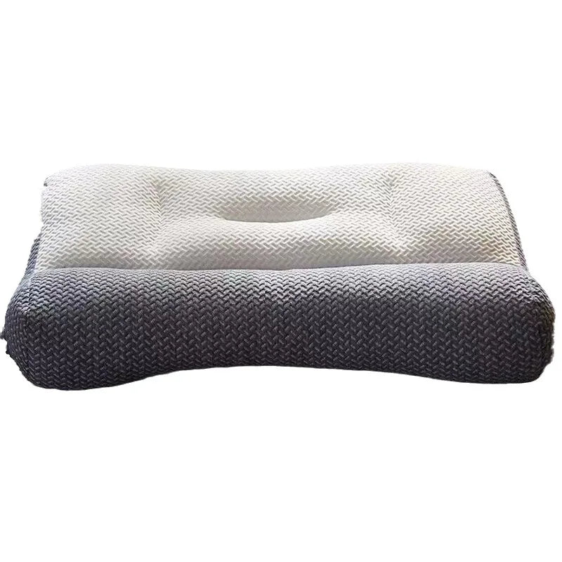 oreiller cervical ergonomique gris blanc texture tissée moderne contour arrondi fixations