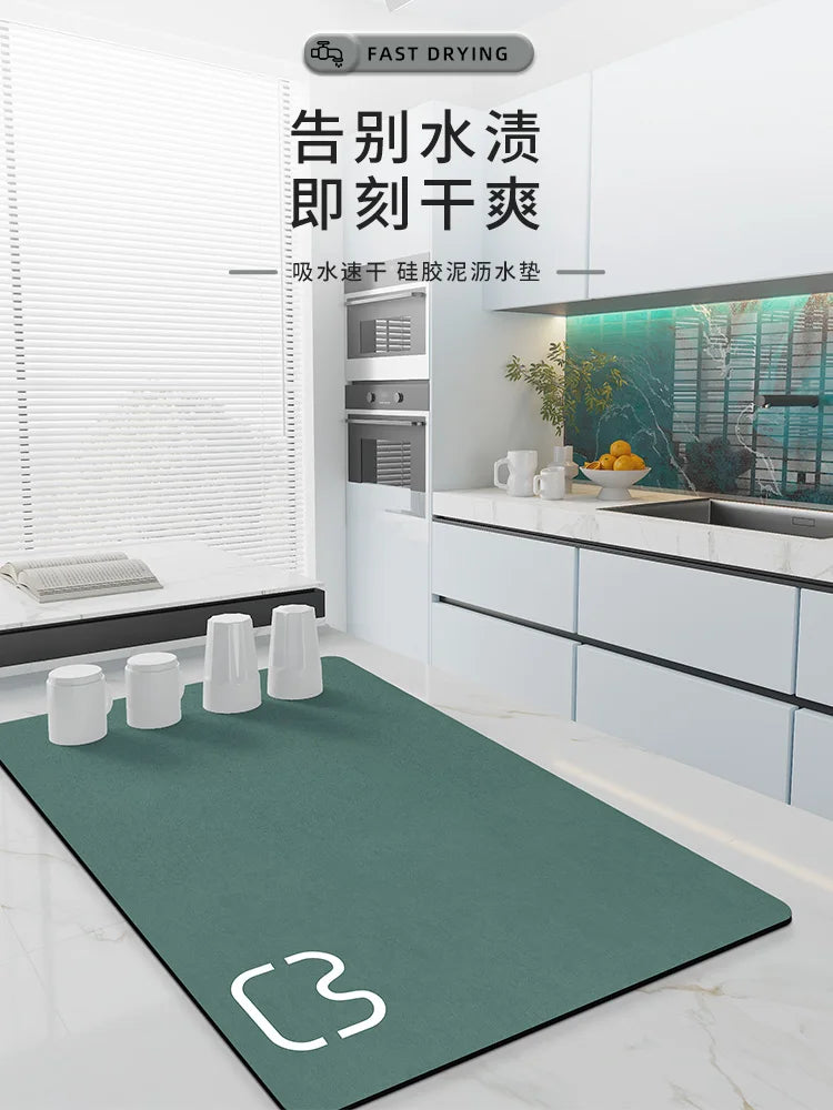 tapis cuisine absorbant diatomite marbre gris vert séchage vaisselle évacuation eau