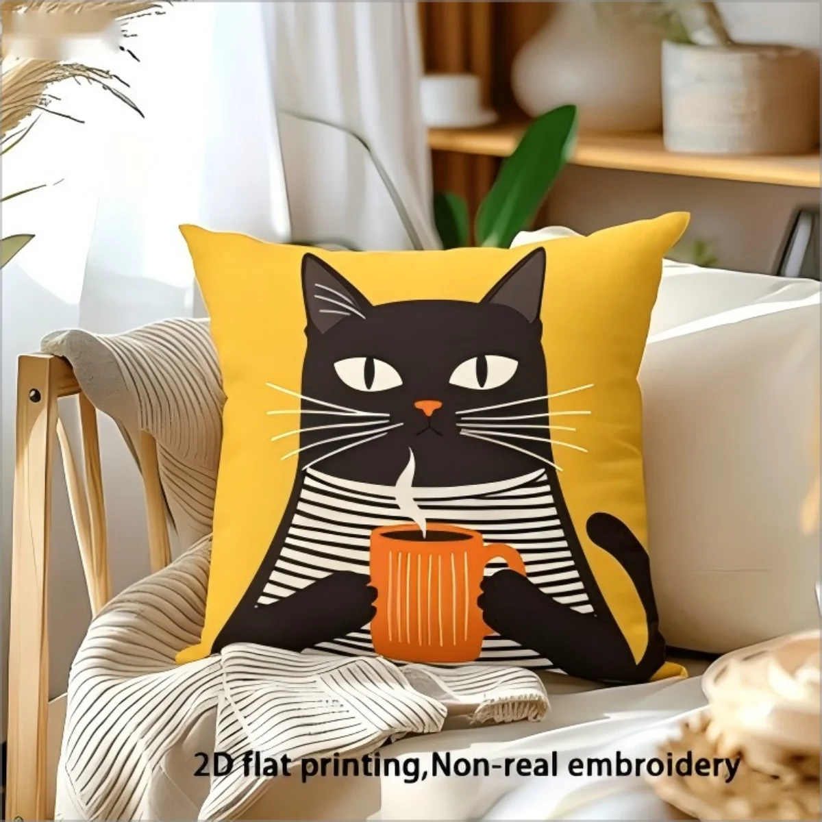 coussin carré imprimé chat noir tasse rayures horizontales bleu rose jaune gris vert polyester