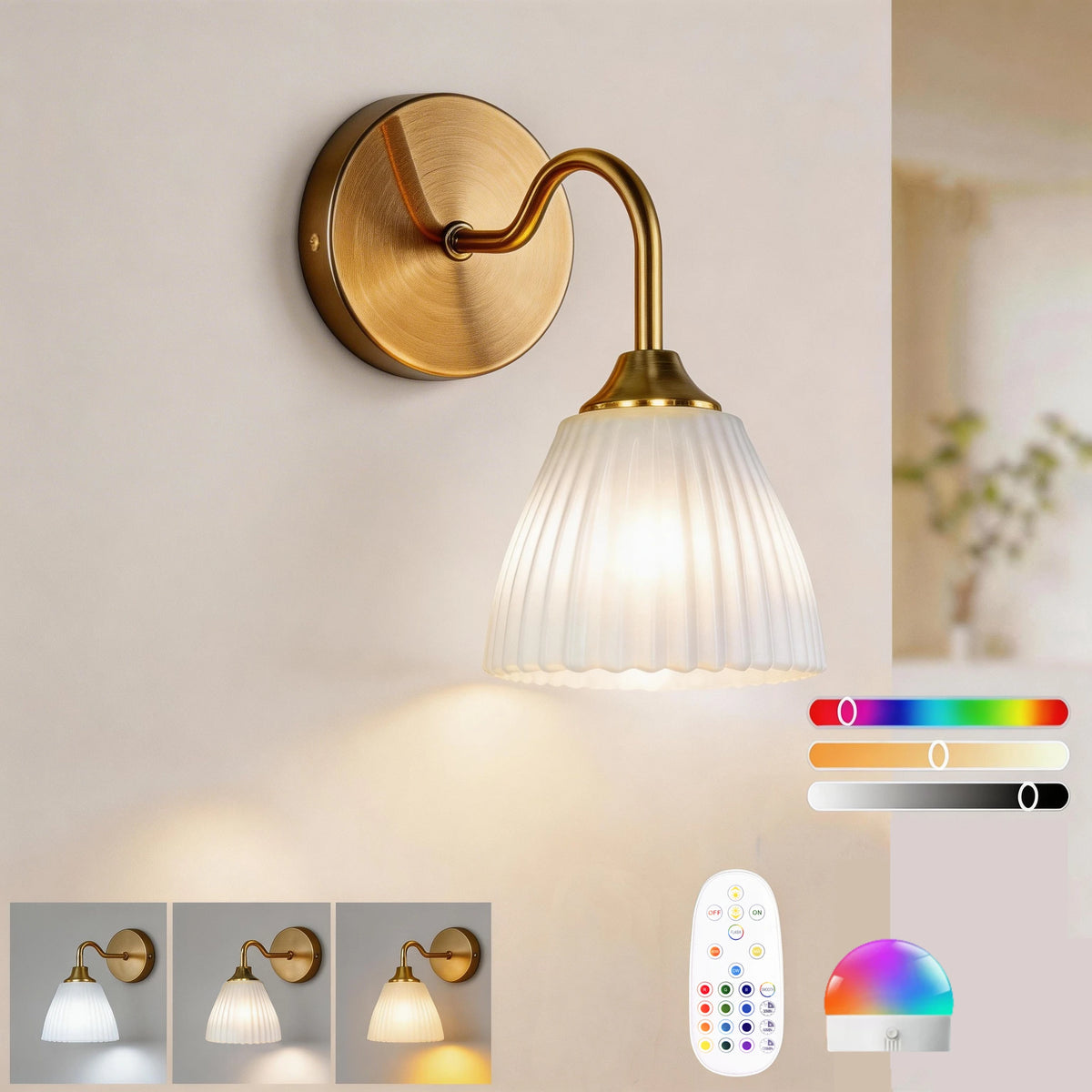 lampe murale rechargeable or blanc plissée télécommande led rgb moderne chambre salon entrée