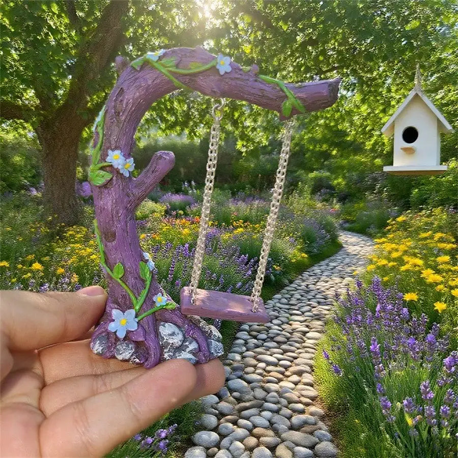 décoration extérieure balançoire miniature résine artisanale fleurs naturelles jardin pastoral